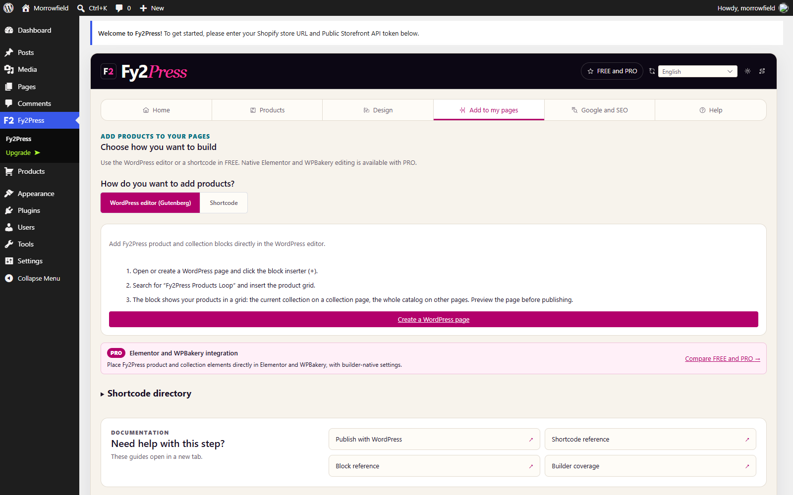 Fy2Press plugin interface: Blocks, shortcodes and builders.
