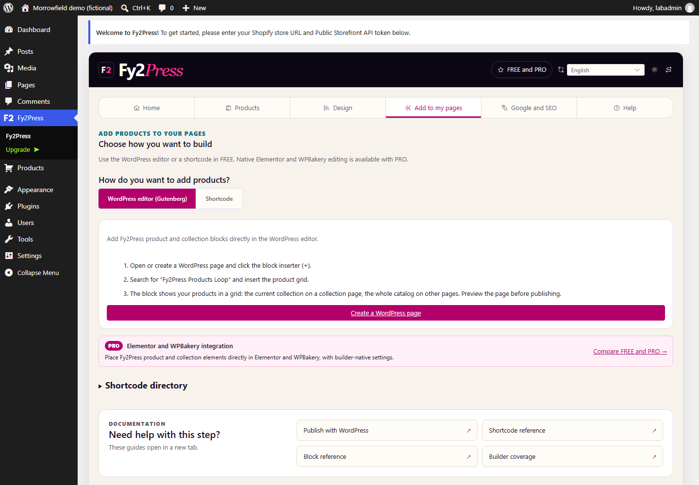 The Add to my pages tab of Fy2Press FREE 1.0.0 on the fictional demo site, which is not connected to Shopify: it explains how to add products with the block editor or with a shortcode.
