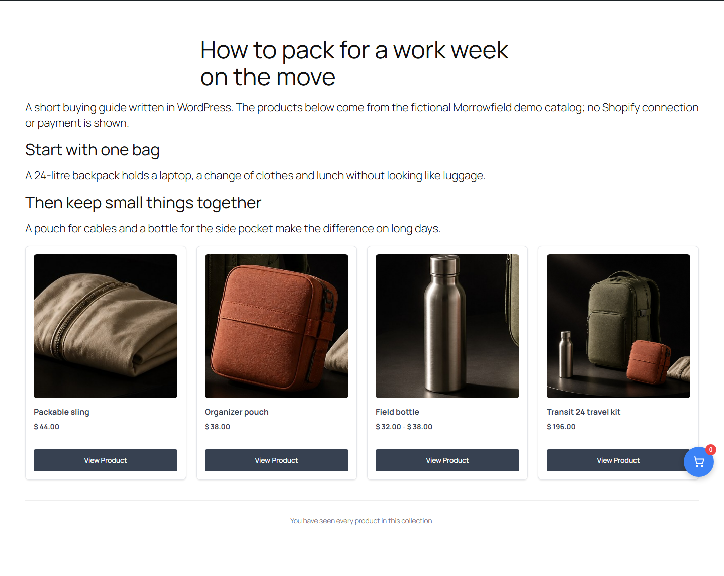 A buying guide written in WordPress and rendered by Fy2Press FREE 1.0.0: two short sections, then one shortcode that lists a single collection. Morrowfield is a fictional demo catalog; no Shopify connection or payment is shown.