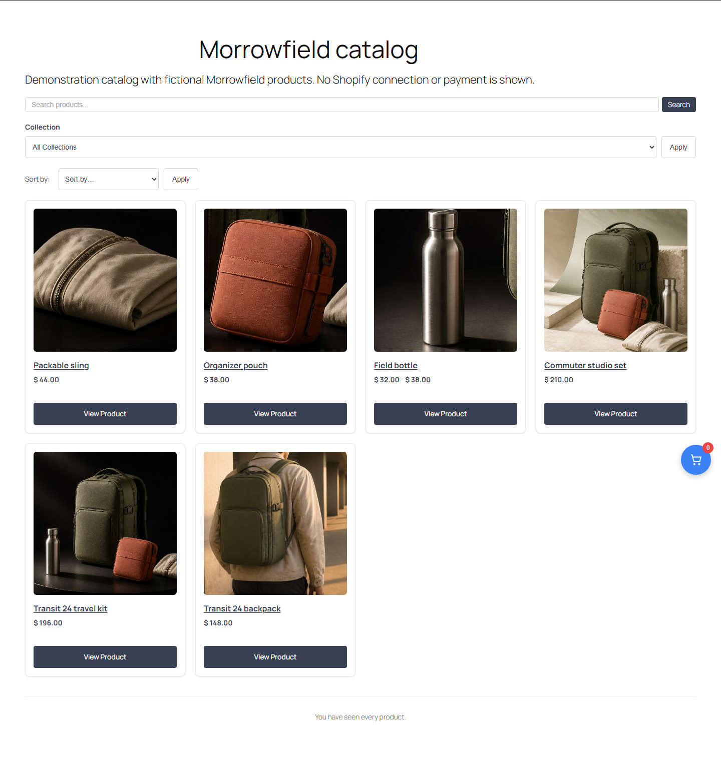 Catalog page rendered by Fy2Press FREE 1.0.0 with fictional Morrowfield data: search, collection filter, sort and six product cards. No Shopify store is connected.
