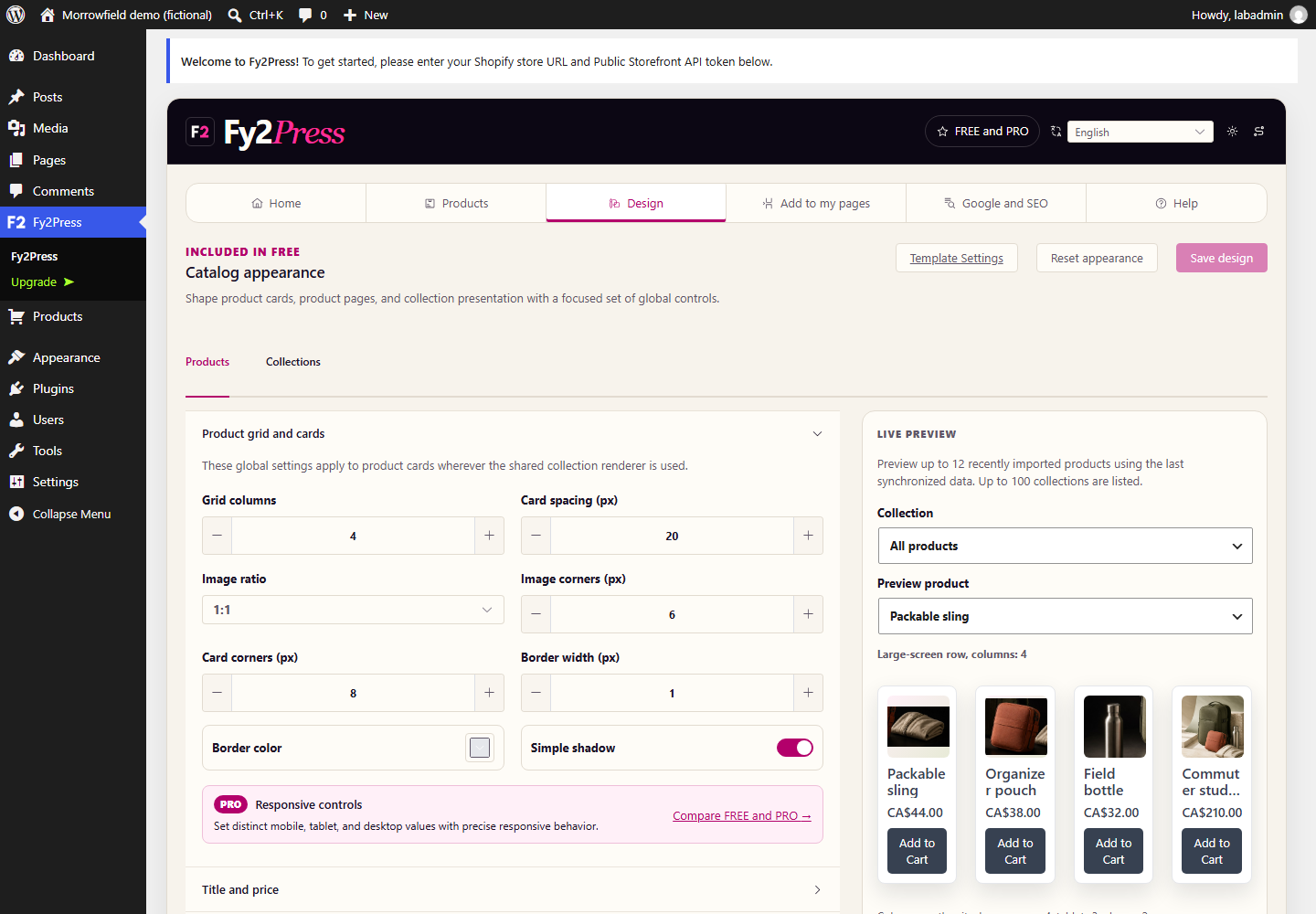 Design workshop in the FREE plugin: global settings for product cards with a live preview of the fictional products. Responsive controls are marked PRO.