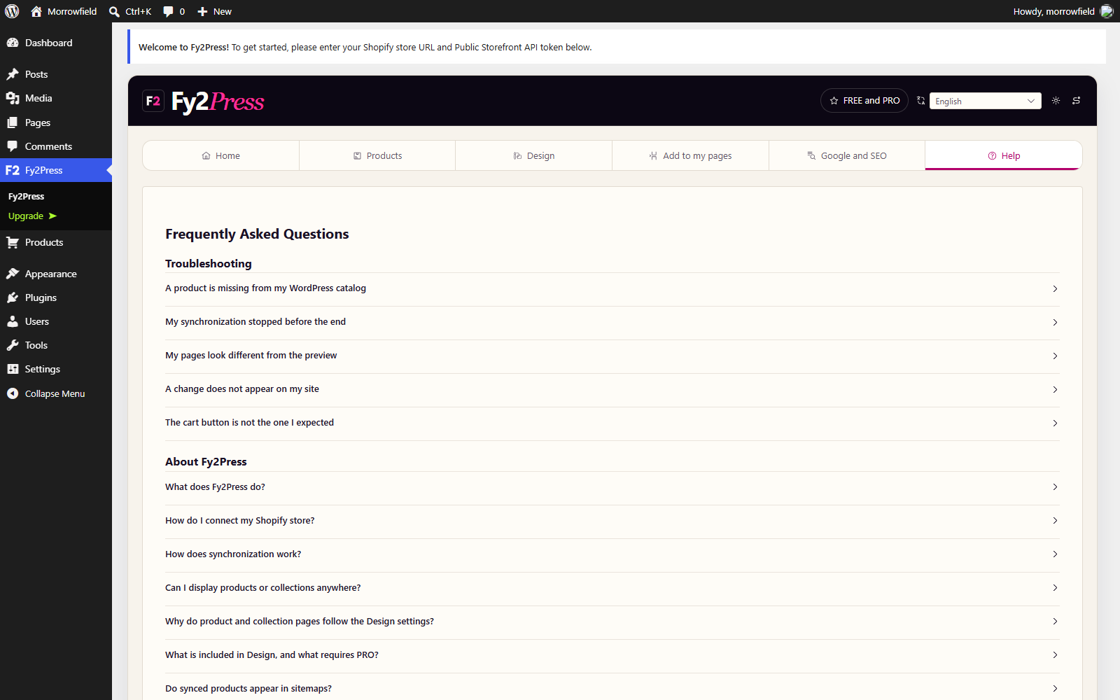 Fy2Press plugin interface: Help and shortcode directory.