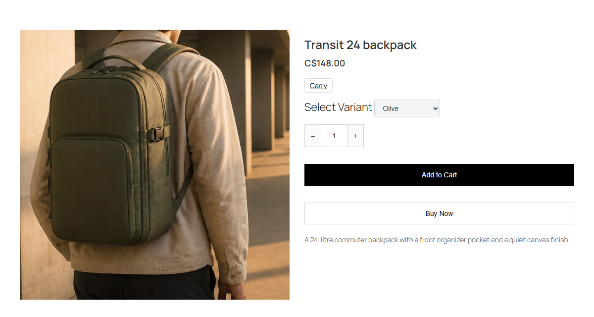 Product page for the fictional Transit 24 backpack, Olive variant selected. The buying buttons are displayed but were not used: no cart, checkout or payment is shown.