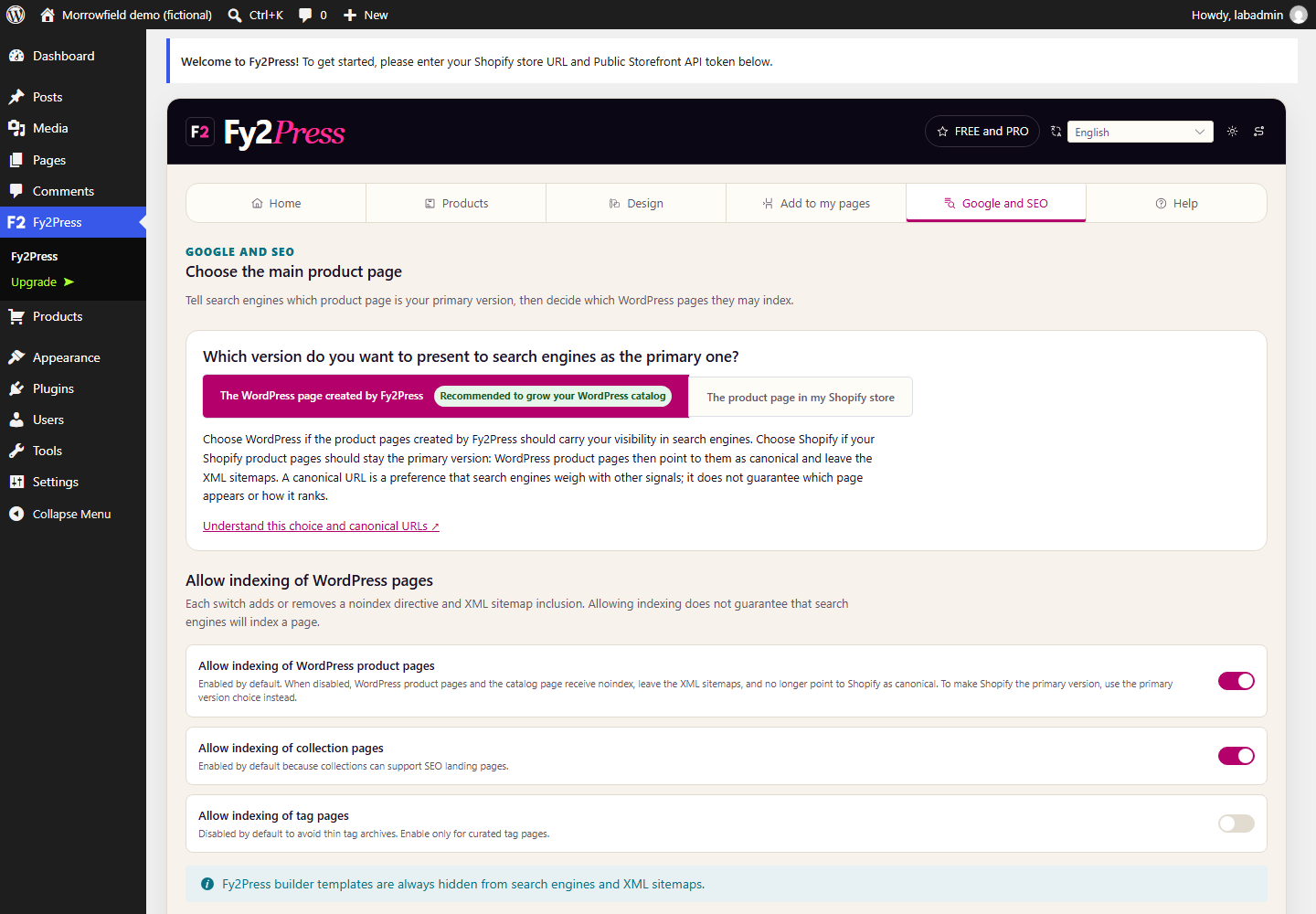 The Google and SEO tab of Fy2Press (free edition) on the Morrowfield demo site, whose data is fictional: the main version choice, then the indexing switches with their default settings. No Shopify store is connected in this demo.
