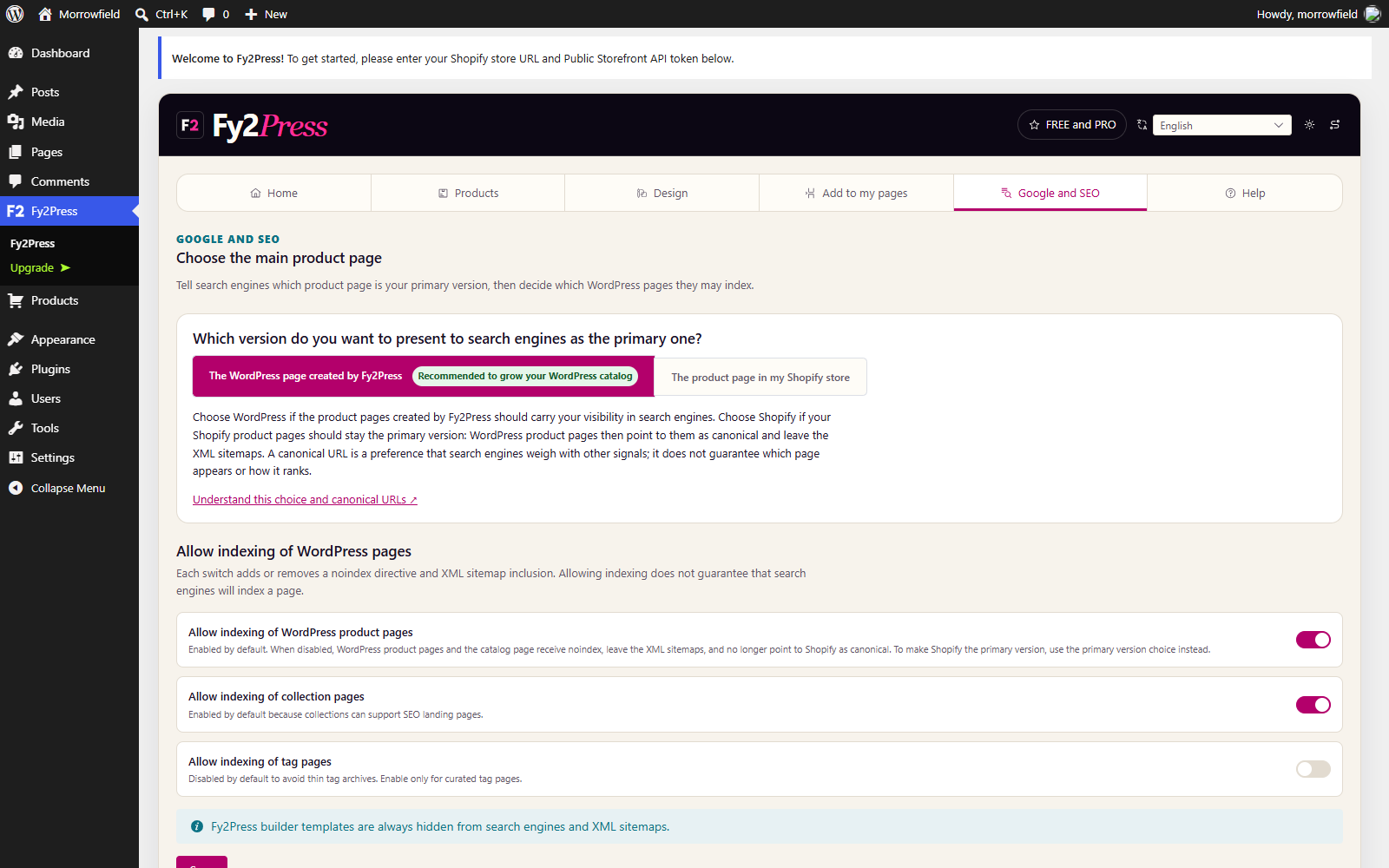 Fy2Press plugin interface: Google and SEO controls.