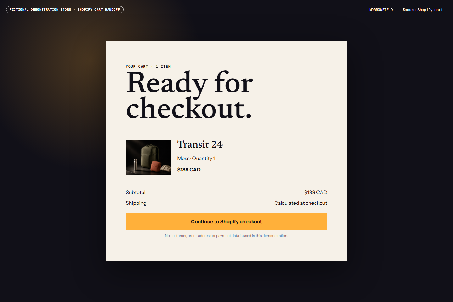 Kauf führt zurück zum Shopify-Checkout. Produkte, Bestand, der Warenkorbdienst, Transaktionen und Checkout bleiben in Shopify; WordPress kann die Warenkorb-Oberfläche anzeigen.